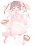  1girl :d absurdres apron bangs baozi braid brown_eyes brown_hair bun_cover china_dress chinese_clothes commentary_request double_bun dress earrings food food_on_clothes fork fried_rice hair_ribbon heart heart_earrings high_heels highres jewelry kamaboko knees_together_feet_apart ladle looking_at_viewer narutomaki noodles open_mouth original pink pink_dress polka_dot polka_dot_background ramen ribbon shizuko_(chipccchip) signature smile solo thigh-highs twin_braids waist_apron white_legwear wrist_cuffs 