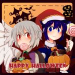  2girls ahoge bat blue_eyes blue_hair buna_shimeji_(keymush) candy cape checkerboard_cookie chocolate_bar commentary_request cookie crescent cross doremy_sweet fang food hair_between_eyes half_updo halloween happy_halloween hat high_collar jack-o&#039;-lantern kishin_sagume lollipop mouth_hold multiple_girls nightcap pom_pom_(clothes) pumpkin red_eyes red_hat silver_hair single_wing swirl_lollipop tapir_ears touhou wings 