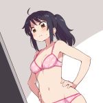  1girl :&lt; ahoge bangs bare_arms bare_shoulders black_hair blush bra breasts brown_eyes chan_co cleavage frown hands_on_hips kimi_no_na_wa lingerie long_hair miyamizu_mitsuha navel panties pink_bra pink_panties ponytail solo standing sweat underwear underwear_only 