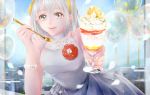  ayakami bare_shoulders blurry_background bracelet bubble dessert dress flower food grey_eyes hairband jewelry licking_lips looking_at_viewer original parfait silver_dress silver_hair silver_nails spoon tongue tongue_out 