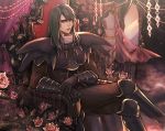  1boy armor black_gloves black_hair black_legwear crossed_legs curtains flower gloves greaves looking_at_viewer mannequin mirror orlouge red_eyes rose saga saga_frontier sitting solo throne tokinohiyoko 