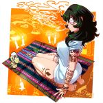  1girl artist_name bracelet breasts candle eyeliner glasses green_hair highres jcm2 jewelry large_breasts makeup mat mole mole_under_eye original pipe seiza shirt signature sitting sleeves_pushed_up smoking sock_puppet solo star tattoo white_shirt 
