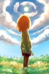  androgynous artist_name brown_hair chara_(undertale) clouds cloudy_sky flower full_body grass highres holding holding_flower leggings nilata shorts sky solo spoilers striped striped_sweater sun sweater undertale 