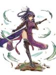  1girl ao_no_kiseki armor black_legwear eiyuu_densetsu full_body half_updo looking_at_viewer purple_hair rixia_mao short_hair solo standing standing_on_one_leg sword tabard thigh-highs violet_eyes weapon white_crow 