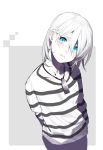  androgynous blue_earrings blue_eyes blush earrings erubo jewelry long_sleeves looking_at_viewer original shirt striped striped_shirt white_hair 