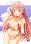  1girl akashi_(kantai_collection) artist_name blush breasts cleavage dog_tags flying_sweatdrops kantai_collection large_breasts long_hair looking_at_viewer navel open_mouth pink_hair sky swimsuit toned yellow_eyes yua_(checkmate) 