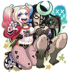  2girls @_@ barefoot belt black_hair breast_grab breasts cleavage dc_comics dirty enchantress_(dc) fishnet_pantyhose fishnets gashi-gashi grabbing harley_quinn highres kneeling long_nails looking_at_viewer midriff multicolored_hair multiple_girls nail_polish navel open_mouth pale_skin pantyhose sharp_nails sharp_teeth short_shorts shorts squatting suicide_squad tattoo teeth toes twintails two-tone_hair 