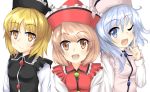  3girls :d ;d blonde_hair blue_eyes blue_hair brown_eyes finger_to_cheek hat light_brown_hair long_sleeves looking_at_viewer lunasa_prismriver lyrica_prismriver merlin_prismriver multiple_girls one_eye_closed open_mouth siblings simple_background sisters smile touhou upper_body vest white_background yellow_eyes yossy_(yossy1130) 