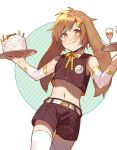  1boy animal_ears bare_shoulders cake carrot_hair_ornament cowboy_shot cup drinking_glass erubo food food_themed_hair_ornament hair_ornament lop_ear_(erubo) midriff navel orange_eyes original rabbit_ears shorts solo thigh-highs tray wine_glass 