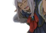  1girl amulet backlighting bow closed_eyes dark_skin elf elvaan final_fantasy final_fantasy_xi leaning_forward long_hair matsuri6373 open_mouth outstretched_hand pointy_ears prishe purple_hair reaching_out silver_hair simple_background sketch smile solo white_background 