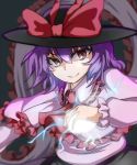  &gt;:) 1girl black_hat black_skirt bow capelet closed_mouth electricity frills hat hat_bow long_sleeves looking_at_viewer nagae_iku puffy_long_sleeves puffy_sleeves purple_hair red_bow red_eyes shaded_face shawl short_hair skirt smile solo tenyunkel touhou upper_body 