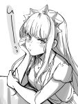  1girl bangs blouse blunt_bangs blush elbows_on_table fate/grand_order fate_(series) head_on_hand jewelry long_hair looking_at_viewer medb_(fate/grand_order) monochrome necklace pout shimo_(s_kaminaka) short_sleeves sidelocks solo tiara 