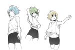  3boys arms_behind_head bike_shorts blue_hair brown_hair erubo green_hair multiple_boys navel outstretched_arm short_hair simple_background smile tank_top white_background 