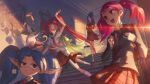  5girls commentary highres hug jacket janna_windforce jinx_(league_of_legends) league_of_legends lulu_(league_of_legends) luxanna_crownguard multiple_girls official_art poppy school school_uniform yordle 