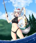  1girl animal_ears armpits ass_visible_through_thighs bare_shoulders bikini black_bikini blue_sky breasts clouds fish fishing_line fishing_rod gomi_(gomitin) halter_top halterneck hat hat_ribbon inubashiri_momiji medium_breasts navel open_mouth red_eyes ribbon short_hair sideboob sky smile solo swimsuit tokin_hat touhou wolf wolf_ears 