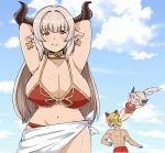  1boy 2girls adapted_costume alicia_(granblue_fantasy) aliza_(granblue_fantasy) animal_ears arms_up bangs bikini blue_sky blush breasts cat_ears cleavage clouds collarbone cross cross_earrings curvy day doraf earrings erun_(granblue_fantasy) eyebrows eyebrows_visible_through_hair flying_kick ghostdoctor granblue_fantasy groin hair_intakes horns in_the_face jealous jewelry kicking large_breasts long_hair looking_at_viewer mature mother_and_daughter multiple_girls navel one-piece_swimsuit outdoors pointy_ears ponytail red_bikini red_eyes sagging_breasts sarong silver_hair sky smile solo_focus spitting spitting_blood stan_(grandblue_fantasy) swimsuit under_boob 