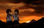  2girls annin_musou bag braid brown_eyes brown_hair clouds commentary_request hand_in_hair handbag isonami_(kantai_collection) kantai_collection mountain multiple_girls open_mouth pleated_skirt school_uniform serafuku sketch skirt smile sunset twin_braids uranami_(kantai_collection) 