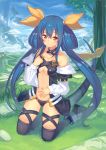  1girl bare_shoulders black_legwear blue_hair breasts choker dizzy grass guilty_gear hair_ribbon highres kame^^ kneeling landscape long_hair no_wings red_eyes ribbon solo tail tail_ribbon thigh-highs twintails under_boob yellow_ribbon 