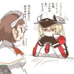  2girls blonde_hair brown_hair gendou_pose glasses gloves graf_zeppelin_(kantai_collection) hands_clasped hat kantai_collection lowres multiple_girls no_mouth no_nose open_mouth rebecca_(keinelove) roma_(kantai_collection) shaded_face sweat translation_request 