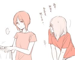  2girls bent_over girls_und_panzer itsumi_erika looking_at_another multiple_girls nishizumi_miho nkktmrrr shirt short_hair sweat sweatdrop t-shirt thought_bubble translation_request white_background 