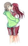  2girls blue_eyes blush grey_hair gym_uniform hair_ornament hairclip hands_in_pockets hood hoodie hug long_hair love_live! love_live!_sunshine!! multiple_girls redhead sakurauchi_riko short_hair shorts watanabe_you yellow_eyes yuchi_(salmon-1000) yuri 