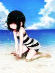  1girl all_fours bike_shorts black_hair blue_sky blush clouds hair_over_eyes highres jcm2 kneeling lucy_loud ocean partially_submerged sand shirt sky smile solo splashing striped striped_shirt tank_top the_loud_house 