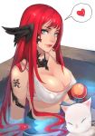  1girl aqua_eyes breasts character_request cleavage covered_nipples final_fantasy final_fantasy_xiv heart medium_breasts moogle partially_submerged realistic redhead sitting spoken_heart strap_gap white_background white_bikini_top xiang_wan_wei_wan 