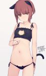  1girl animal_ears arm_behind_back black_panties brown_eyes brown_hair cat_cutout cat_ear_panties cat_ears cat_lingerie cat_tail collarbone dated kantai_collection navel panties rokuwata_tomoe short_hair side-tie_panties sidelocks solo tail twitter_username underwear underwear_only z3_max_schultz_(kantai_collection) 