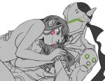  1boy 1girl armor bangs bare_shoulders bodysuit breasts cleavage collarbone cyborg d.va_(overwatch) facepaint facial_mark genji_(overwatch) hand_on_another&#039;s_back headband helmet holding_hands long_hair long_sleeves lying mask medium_breasts nude on_back on_person overwatch power_armor sideboob simple_background smile spot_color upper_body veil whisker_markings white_background 