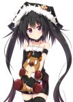  1girl absurdres amano_kouki black_hair choker fingerless_gloves flat_chest gloves hat highres jewelry long_hair looking_at_viewer necklace note-chan original simple_background solo stuffed_animal stuffed_reindeer stuffed_toy thigh-highs twintails very_long_hair violet_eyes zettai_ryouiki 