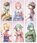  6+girls alice_margatroid animal_ears bamboo black_hair black_hat blonde_hair blue_bow blue_dress blue_eyes blue_hair blue_shirt bow capelet dress drill_hair green_eyes green_hair green_kimono green_skirt hairband hat hat_ribbon head_fins heart heart-shaped_buttons heart_hands highres horns kasodani_kyouko kijin_seija komeiji_koishi komeiji_satori lolita_hairband long_sleeves looking_at_viewer mikazuki_tsukiyo multicolored_hair multiple_girls obi one_eye_closed open_mouth pink_dress pink_eyes pink_hair pink_skirt puffy_short_sleeves puffy_sleeves purple_background red_eyes ribbon sash shanghai_doll shirt short_hair short_sleeves shouting skirt smile streaked_hair third_eye tongue tongue_out touhou wakasagihime white_dress wide_sleeves yellow_ribbon yellow_shirt 