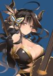  1girl augusta_(granblue_fantasy) black_gloves black_hair blue_background blush breasts butterfly_hair_ornament cleavage doraf gloves granblue_fantasy hair_ornament horns instrument large_breasts long_hair mizuno_(suisuiw) open_mouth pointy_ears simple_background sketch solo yellow_eyes 