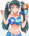  1girl :q bare_shoulders bikini_top blue_eyes blue_hair breasts collarbone cup drinking_glass food gradient_hair hair_ribbon holding holding_spoon ice_cream isuzu_(kantai_collection) itomugi-kun kantai_collection large_breasts long_hair looking_at_viewer multicolored_hair navel ribbon sarong simple_background solo spoon tongue tongue_out twintails 
