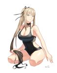  1girl absurdres blonde_hair breasts cleavage closers harpy_(closers) highres large_breasts long_hair looking_at_viewer mole mole_under_eye one-piece_swimsuit ponytail simple_background sitting smile solo swimsuit very_long_hair wariza white_background 