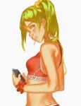  1girl blonde_hair candy cellphone crop_top exercise from_side green_eyes highres holding holding_phone lollipop long_hair looking_at_viewer midriff nail_polish original pachyphytum phone red_nails scrunchie side_ponytail simple_background smartphone solo sweat tank_top white_background 