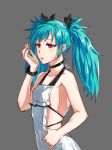  1girl absurdres blue_hair closers collarbone covered_nipples grey_background highres red_eyes simple_background solo tongue tongue_out twintails yeoul 