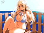  1girl against_fence alternate_costume angelo_(gomahangetsu) armpits artist_name atago_(kantai_collection) bare_arms bare_legs bare_shoulders bikini blonde_hair blue_bikini breasts cleavage dated day fence green_eyes highres kantai_collection large_breasts long_hair looking_at_viewer navel ocean pulled_by_self sitting smile solo stomach strap_pull sunlight swimsuit 