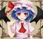  1girl :d ascot bat_wings blue_hair blush frilled_shirt_collar frills hat hat_ribbon looking_at_viewer mob_cap mono_(sunegey) open_mouth pink_shirt puffy_short_sleeves puffy_sleeves red_eyes red_ribbon remilia_scarlet ribbon shirt short_hair short_sleeves smile solo touhou wings 