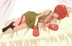  1girl animal_ears checkered checkered_necktie dangan_ronpa freckles gloves green_eyes koizumi_mahiru lying necktie on_side paw_gloves redhead short_hair solo super_dangan_ronpa_2 tail 