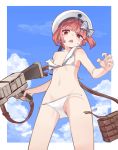  1girl aa_gun bikini blue_sky blush bow breasts clouds cowboy_shot groin hat hat_bow kantai_collection monaka_ooji navel red_eyes redhead sailor_bikini sailor_collar sailor_hat short_hair sky small_breasts smiley_face solo striped striped_bow swimsuit torn_bikini triangle_mouth white_bikini white_hat z3_max_schultz_(kantai_collection) 
