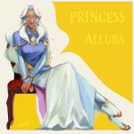  1girl arm_support blue_eyes chair character_name circlet dark_skin earrings facial_mark full_body hyakujuu-ou_golion jewelry long_hair pointy_ears princess_allura signature sitting smile solo voltron:_legendary_defender wavy_hair white_hair 