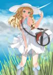  1girl blonde_hair braid clouds dress grass green_eyes hand_on_headwear hat highres kneehighs lillie_(pokemon) long_hair open_mouth outdoors pokemon pokemon_(game) pokemon_sm sky sleeveless sleeveless_dress smile solo sun_hat sundress twin_braids white_dress white_legwear wind wind_lift 