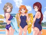  3girls ahoge ass blue_eyes blush breasts brown_hair competition_swimsuit hair_ornament highres keisuke_(0320030103200301) long_hair looking_back love_live! love_live!_sunshine!! multiple_girls one-piece_swimsuit open_mouth orange_hair pool red_eyes redhead sakurauchi_riko school_swimsuit short_hair sideboob smile swimsuit takami_chika watanabe_you yellow_eyes 