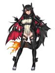  1girl alternate_color bat_wings black_hair black_legwear bodysuit boots charizard female gloves hand_on_hip heterochromia highres horns katagiri_hachigou leotard long_hair low_wings open_mouth personification pointy_ears pokemon scarf smile solo thigh-highs thigh_boots thigh_strap wings 