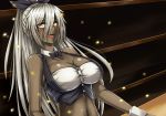  1girl :d bangs bare_arms bare_shoulders black_bow black_bowtie black_ribbon blush bow bowtie breasts buttons cleavage collarbone crop_top dark_skin detached_collar hair_between_eyes hair_ribbon high_ponytail large_breasts light_particles long_hair looking_at_viewer looking_to_the_side navel open_mouth original ribbon sanmotogoroo side_glance silver_hair slit_pupils smile solo stomach suspenders upper_body wrist_cuffs yellow_eyes 