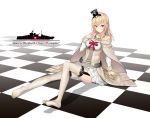  1girl blonde_hair blue_eyes braid checkered checkered_floor crown dress feet french_braid garter_straps hairband jewelry kantai_collection long_hair mini_crown necklace sitting solo thigh-highs warspite_(kantai_collection) yuyutan0904 