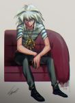  1boy bakura_ryou blue_eyes box couch highres jewelry leaning_forward male_focus millennium_ring necklace signature silver_hair simple_background solo striped white_hair yami_bakura yuu-gi-ou zero-souma 