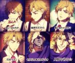  1boy age_progression birthmark blonde_hair bruise closed_eyes clouds dio_brando evil_grin evil_smile fangs grin injury jojo_no_kimyou_na_bouken male_focus multiple_persona multiple_views necktie open_mouth red_eyes shiron_(shiro_n) sky smile stone_mask_(jojo) suspenders translated 