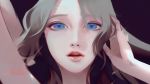  1girl android arm_up blue_eyes close-up eyelashes face floating_hair grey_hair hair_between_eyes hand_in_hair jn3 long_hair looking_at_viewer original parted_lips red_lips solo 