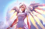  1girl armor artist_name black_gloves blonde_hair blue_eyes blue_sky bodysuit breastplate breasts brown_legwear building cowboy_shot eyelashes faulds gloves headgear high_collar highres holding holding_staff janice_sung large_breasts lips loincloth long_hair long_sleeves mechanical_halo mechanical_wings mercy_(overwatch) overwatch pantyhose parted_lips pelvic_curtain petals pink_lips ponytail skin_tight sky skyscraper solo spread_wings staff swiss_flag turtleneck weapon wing_print wings yellow_wings 